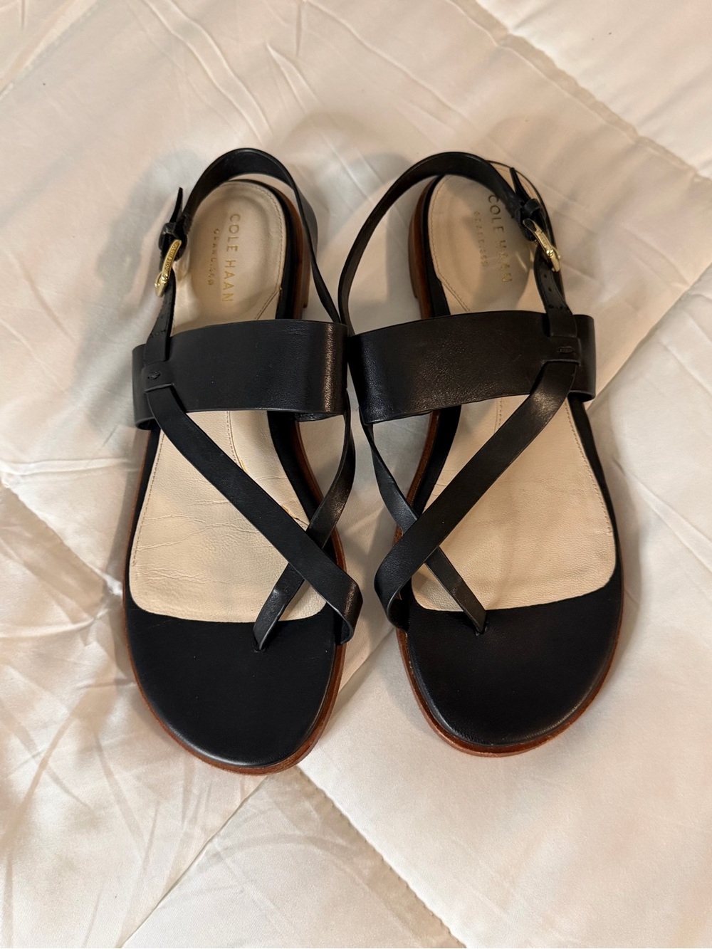 Cole Haan Black and Cream Leather Cross-Strap Sandals